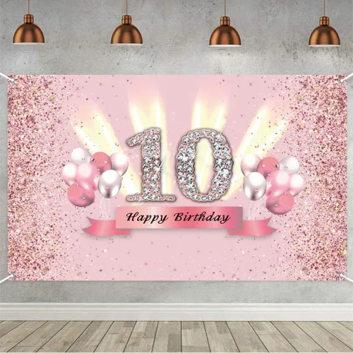 Decoraciones de cumpleaños número 10 para niñas, cartel de fondo de feliz cumpleaños número 10, cartel de tela para fiesta de 10 años de edad,