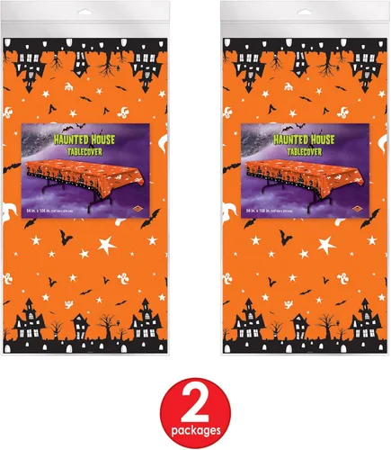 Miniatura 5 de Beistle Mantel de casa embrujada, 54 x 108 pulgadas, 2 piezas, mantel de plástico, mantel rectangular, mantel de Halloween, mantel de vacaciones
