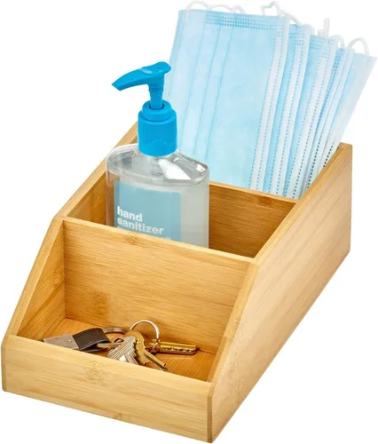 Miniatura 7 de mDesign Caja organizadora compacta de madera de bambú para baño, 3 secciones divididas, gabinetes, estantes, encimeras, dormitorio, cocina