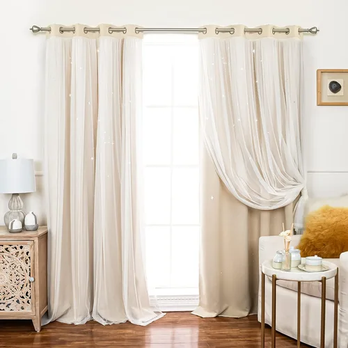 Miniatura 8 de Best Home Fashion Par de cortinas opacas con revestimiento de tul y corte láser, paneles de ventana con ojales plateados para dormitorio, habitación
