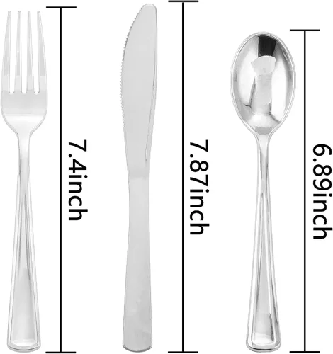 Miniatura 8 de Liacere 200 piezas de cubiertos de plástico plateado - Cubiertos de plástico plateado - Cubiertos desechables de plata - 100 tenedores, 50 cucharas