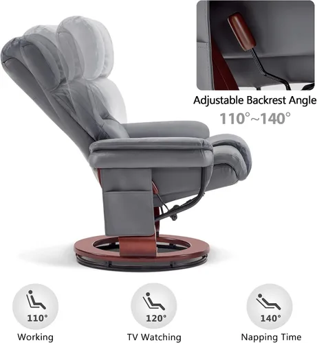 Miniatura 6 de MCombo Sillones reclinables giratorios con otomana, sillas reclinables de TV con masaje por vibración, silla ergonómica de piel sintética para sala