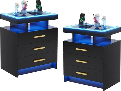 Miniatura 15 de HNEBC Mesita de noche LED, RGB blanco con estación de carga USB/inalámbrica, moderna mesita de noche con sensor automático de luces RGB, mesa blanco