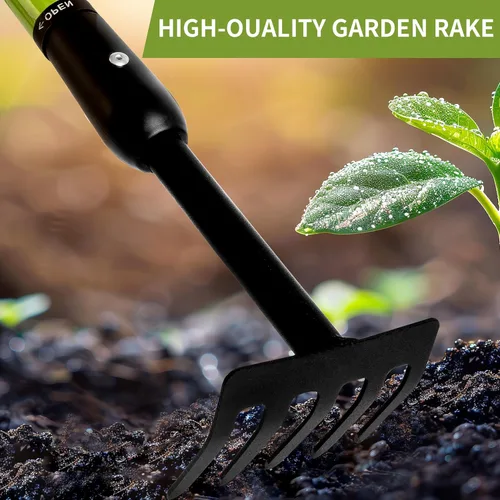 Miniatura 5 de Rastrillo de jardín con mango telescópico (27-39 pulgadas) ajustable, rastrillo de mano pequeño de mango largo para jardinería, macizos de flores