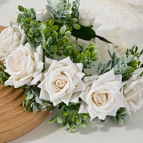 Miniatura 43 de Vividsun Corona floral de hoja verde para boda, corona de flores nupciales, accesorios de maternidad para fotos (A blanco)