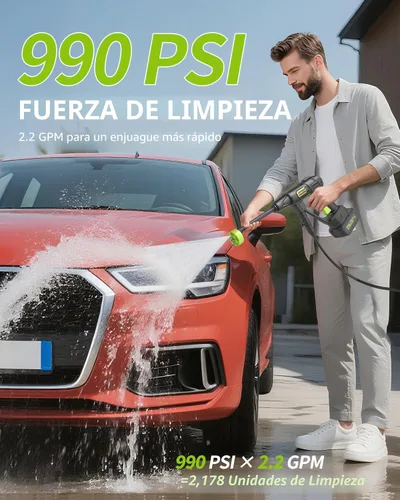 Miniatura 2 de Lavadora a presión inalámbrica alimentada por batería; lavadora eléctrica inalámbrica de 990 PSI con boquilla 6 en 1, manguera de alta elasticidad