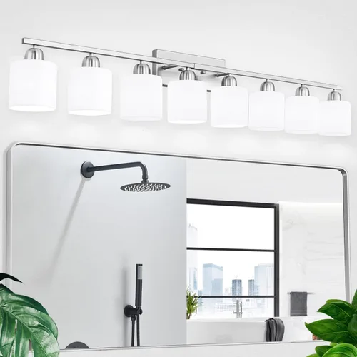 Miniatura 20 de Luz de baño de níquel cepillado, Luz de tocador de baño de 2 luces de níquel cepillado, Lámpara de tocador con pantallas de vidrio esmerilado blanco