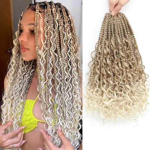 Miniatura 31 de Flagship 9 Paquetes Goddess Box Braids Cabello de Ganchillo para Mujeres Negras - 10 Pulgadas Pre-enrollado con Puntas Rizadas, Estilo Bohemio