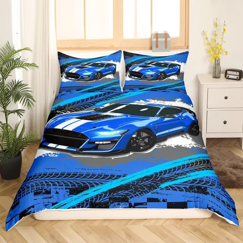 Miniatura 11 de Erosebridal Juego de funda de edredón de auto de carreras roja para niños y adolescentes, juego de edredón de carreras tamaño individual, edredón