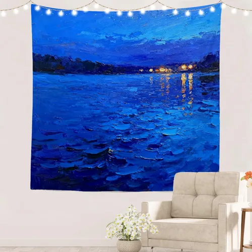 Miniatura 99 de Batmerry Tapiz azul y blanco, tapiz abstracto de pintura azul, negro, gris y blanco, para sala de estar, dormitorio, pared, decorativo, 51.2 x 59.1