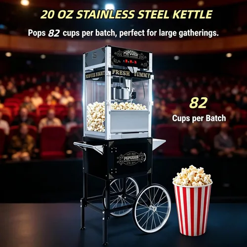 Miniatura 2 de Máquina comercial de palomitas de maíz, 20 onzas con carrito y ruedas, máquina para hacer palomitas de maíz con hervidor de acero inoxidable