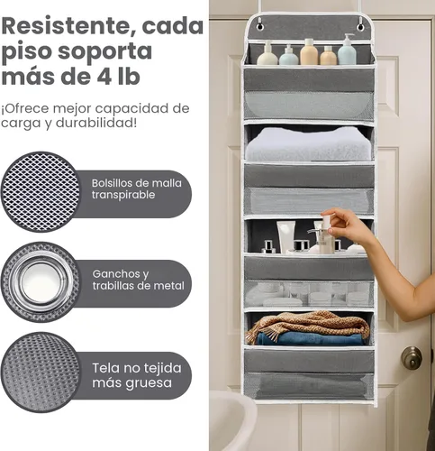 Miniatura 2 de Organizador sobre la puerta con 4 bolsillos laterales de malla, capacidad de peso de 44 libras para colgar detrás de la puerta, almacenamiento Gris