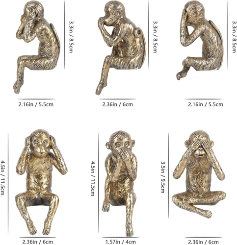 Miniatura 3 de Juego de estatuas de 3 monos sabios, figuras de See Hear Speak No Evil, estantes de resina dorada antigua, decoración de animales sentados