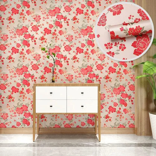 Miniatura 3 de J9175 - Papel tapiz floral para despegar y pegar de 17.7 pulgadas x 9.8 pies, color rojo/caqui, papel de contacto autoadhesivo extraíble