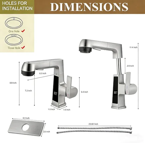 Miniatura 7 de Grifo de Baño LED con Grifo de Salida Extraíble, Grifo de Fregadero de Níquel Cepillado con Pantalla Digital de Temperatura, Grifo de 5 Modos