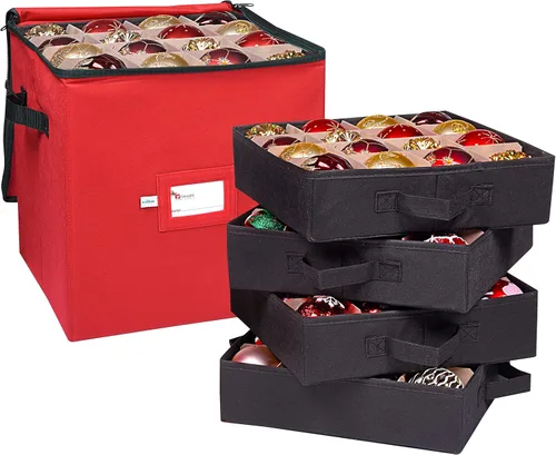 Caja de almacenamiento para adornos navideños, 4 capas, se adapta a 64 bolas de ornamentos, fabricada con material Oxford 600D duradero Rojo