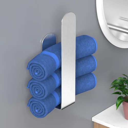 Miniatura 5 de HUFEEOH Toallero de mano, barra de toalla de mano plateada, barra de toalla de baño autoadhesiva en la pared, acero inoxidable cepillado Plata