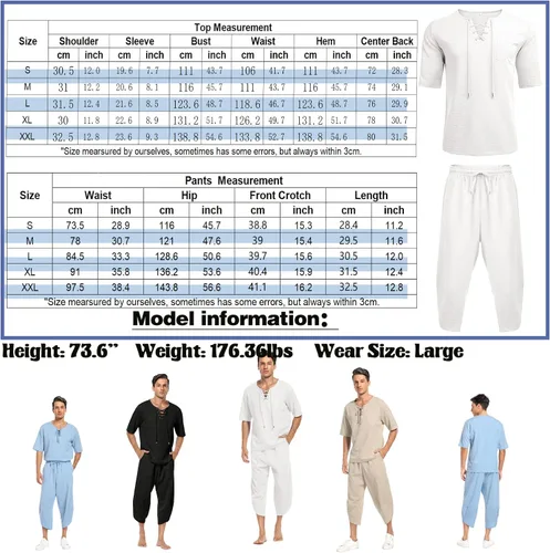 Miniatura 6 de Babioboa Conjunto de 2 piezas de lino para hombre, camisa hippie de manga corta y pantalones capri harén holgados para playa, pantalones de yoga