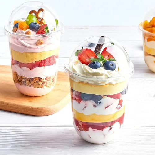 Miniatura 7 de Zezzxu Paquete de 50 Vasos de Postre de Plástico de 16 oz con Tapas de Cúpula (Sin Agujero) y Sporks, Vasos de Frutas Desechables Transparentes