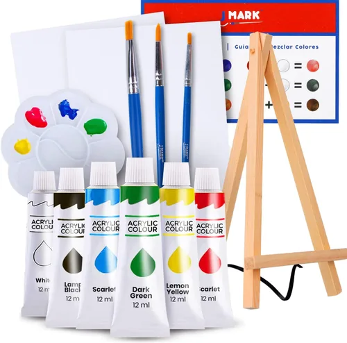J MARK Juego de pintura y lienzo: kit de pintura acrílica con caballete de madera, lienzo, pintura acrílica, pinceles y paleta, juego de pintura de