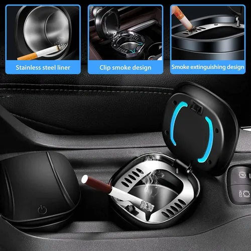 Miniatura 3 de Cenicero de automóvil con tapa a prueba de olores, cenicero sin humo, mini cubo de basura para automóvil, cenicero de acero inoxidable desmontable