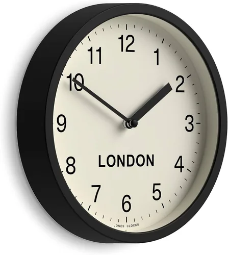 JONES CLOCKS® London Time Zone Reloj de pared | Reloj redondo pequeño y moderno | 8 pulgadas | Negro | Números fáciles de leer | Ideal para cocinas,