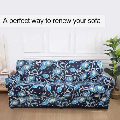 Miniatura 8 de hyha Funda para sofá, diseño floral, elástica, estampada, 4 piezas, fundas para sofá de 3 cojines separados, protector de muebles lavable para Azul
