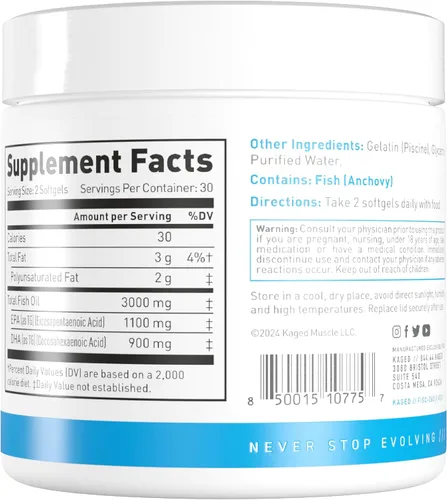 Miniatura 8 de Kaged Cápsulas blandas Omega 3 Sin sabor Suplemento de aceite de pescado 3000 mg de ácidos grasos Omega 3 con EPA y DHA Ultra puro, sin
