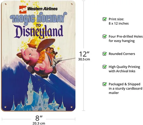 Miniatura 2 de Disneyland Magic Holiday - Western Airlines - Póster de viaje de avión vintage c.1970s - Cartel artístico de madera vintage de 8 x 12 pulgadas