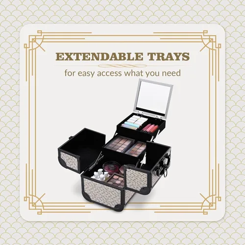 Miniatura 2 de BYOOTIQUE estuche rodante para maquillaje 4 en 1, con cerradura, maletín tipo trolley para cosméticos, con 4 ruedas extraíbles, organizador de viaje