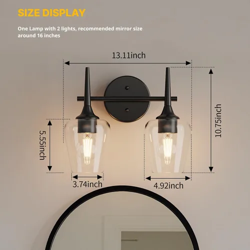Miniatura 5 de Luz de Tocador Negra de 2 Luces Estilo Granja Moderno Lámpara de Baño con Pantallas en Forma de Copa de Vino para Espejo de 16 Pulgadas, Aplique