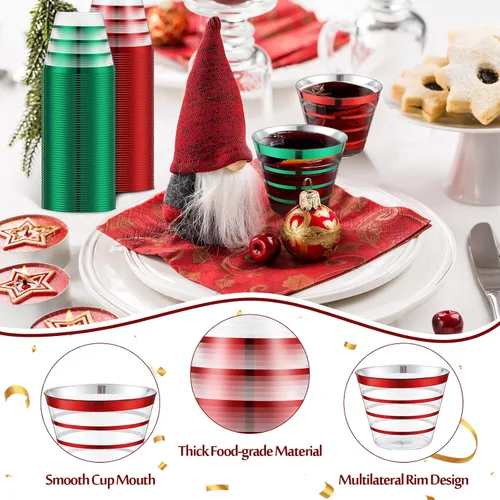 Miniatura 3 de Gejoy 100 vasos de plástico de 9 onzas con borde de Navidad a rayas, desechables a granel, vasos de plástico duro para beber, vasos para bodas, Rojo