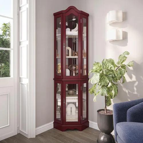 Miniatura 7 de BELLEZE Gabinete Curio iluminado de vidrio de 3 lados con puertas y estantes de vidrio templado, gabinete esquinero de madera curva con bombilla