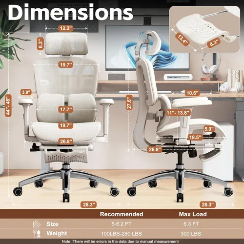 Miniatura 2 de Vonesse Silla de oficina ergonómica con reposapiés, sillas de escritorio con reposacabezas y reposabrazos ajustables 3D, silla de juegos de Blanco