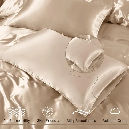Miniatura 6 de Vonty Juego de Funda de Edredón de Satén Sedoso de 3 Piezas Tamaño Full/Queen, Juego de Funda de Edredón Beige Natural Orgánico 400TC - Ropa de Cama