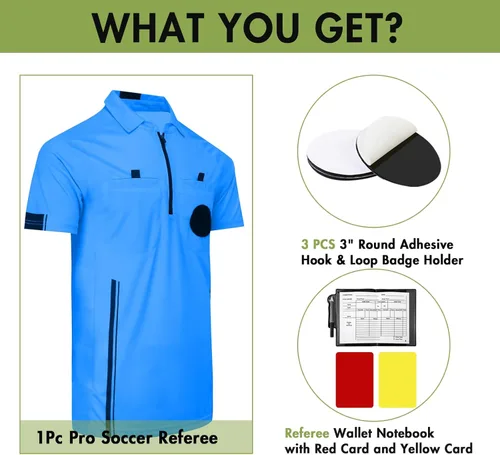 Miniatura 2 de Camiseta Jersey de Árbitro de Fútbol Profesional de Manga Corta Disfraz de Árbitro Uniforme con Portainsignia, Cartera de Árbitro, Tarjetas Rojas