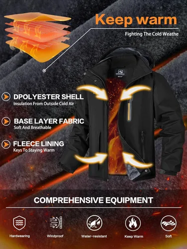 Miniatura 4 de WENRONSTA Chaqueta de esquí para hombre, abrigo de invierno, cálido, impermeable, rompevientos, montaña, snowboard, con capucha, senderismo, traval