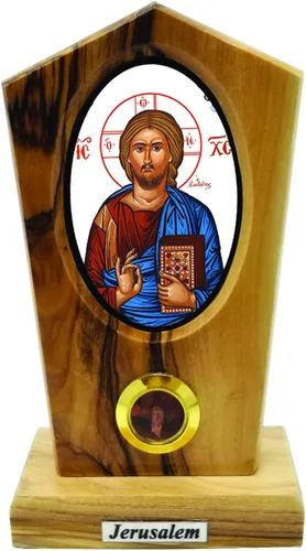 Miniatura 6 de Logos Trading Post Virgen María de Jerusalén (bizantina), icono católico de pie con imagen a todo color, madera de olivo de tierra santa de Israel