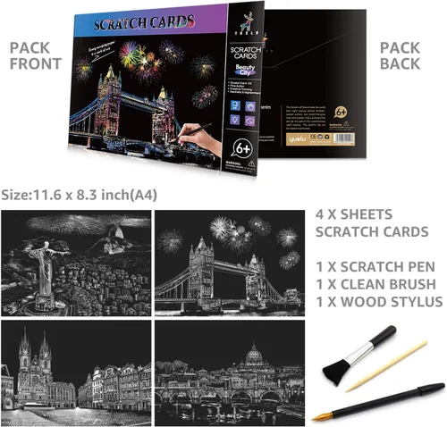 Miniatura 4 de M MUGIT - Papel de pintura para rascar arcoíris (A4) para adultos y niños, tablero de rascar con vista nocturna DIY, juego de arte de grabado: 4
