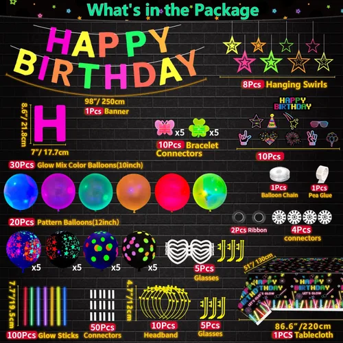 Miniatura 3 de Paquete de 259 suministros para fiestas con temática brillante, decoración de fiesta de cumpleaños, globos, palos, gafas y diadema