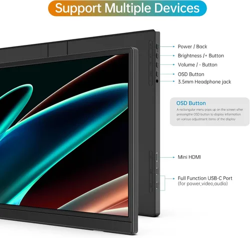 Miniatura 5 de MNN Monitor portátil de 14 pulgadas FHD 1920 * 1200P USB C HDMI Ultradelgado IPS para viajes con altavoces, HDR Plug&Play, monitor externo