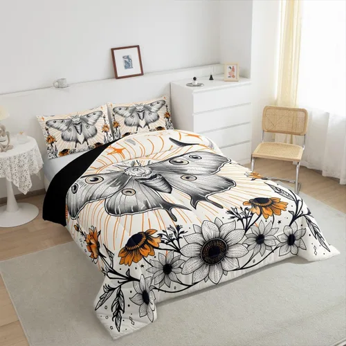 Miniatura 5 de Erosebridal Juego de ropa de cama de polilla blanca y negra para niños y niñas, juego de edredón de flores de diente de león, tamaño individual