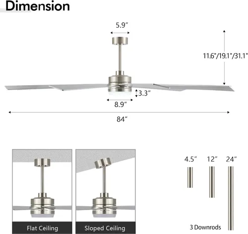 Miniatura 2 de LEDLUX Ventilador de techo con motor CC de 84 pulgadas con luz, control remoto de 6 velocidades, motor reversible, moderno ventilador de techo Plata