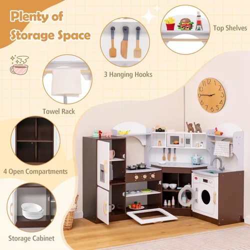 Miniatura 7 de Costzon Juego de cocina esquinera para niños, cocina de madera con sonidos y luces, lavadora, máquina de hielo, microondas, horno, fregadero