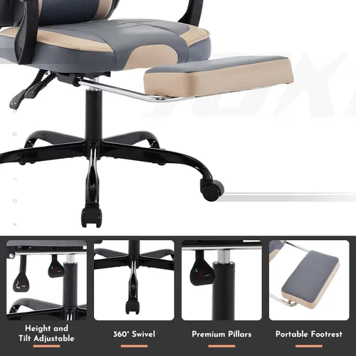 Miniatura 5 de Silla ergonómica de cuero para juegos con reposapiés, cómoda silla de juegos beige con cómodo reposacabezas y soporte lumbar para adultos, niños