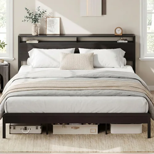 Miniatura 10 de LIKIMIO Marco de Cama King con Cabecero, Marco de Cama King de Madera Oscura con Soportes Fuertes, Resistente, Sin Ruido, No Necesita Somier, Nogal