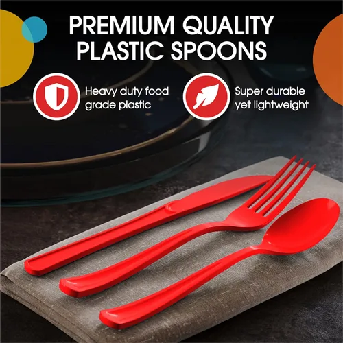Miniatura 4 de Exquisite Cucharas de plástico rojas, 50 piezas, cucharas rojas, utensilios desechables, juego de cubiertos de plástico resistente, juegos de Rojo