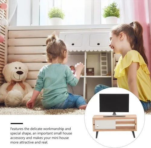 Miniatura 8 de Juego de TV y gabinete en miniatura para casa de muñecas, escala 1:12, moderno, pequeño, para sala de estar, soporte de almacenamiento, fondo