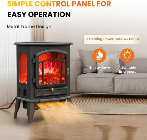 Miniatura 3 de VEXON Calentador eléctrico de chimenea, chimenea eléctrica de cuarzo infrarrojo de 1000 W/1500 W, calentador de estufa independiente de 22 pulgadas