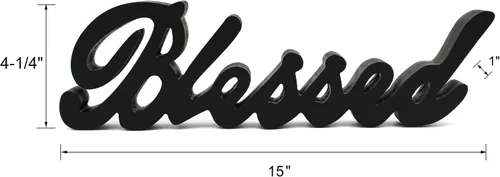 Miniatura 6 de CVHOMEDECO. Letrero de madera con texto en inglés «Blessed» para regalo y mesa/estante/decoración de pared del hogar/oficina, negro mate, 15 x 4-1/4